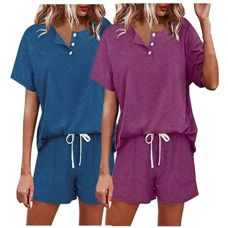 Virmaxy Summer Sleepwear Set for Women 2PC Short Sleeve Button Front Top and Star Print Shorts Pajamas Loungewear Set Blue-3 XL