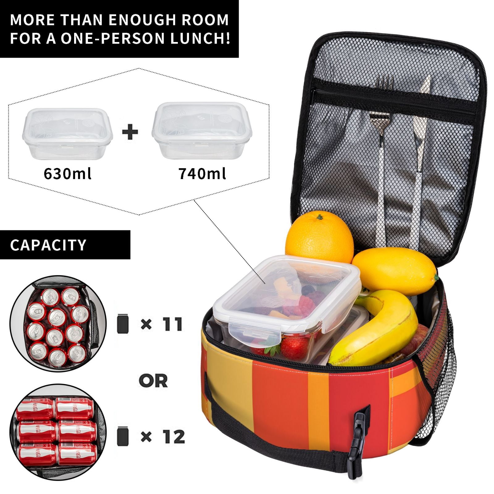 Lunch Bag For Women Men Insulated Portable Lunch Box Bento Box Office Picnic Travel Cooler Bag Orangered Stripe_2