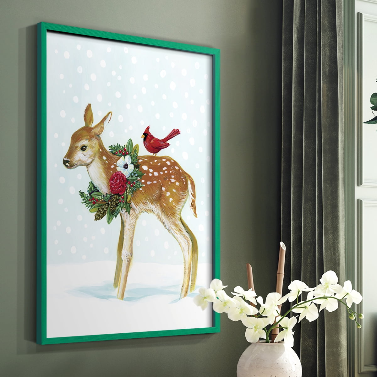 Winter Woodland Creatures with Cardinals II Framed Print - Solid Wood in Single Picture Frame Solid Wood 2 Framed Print