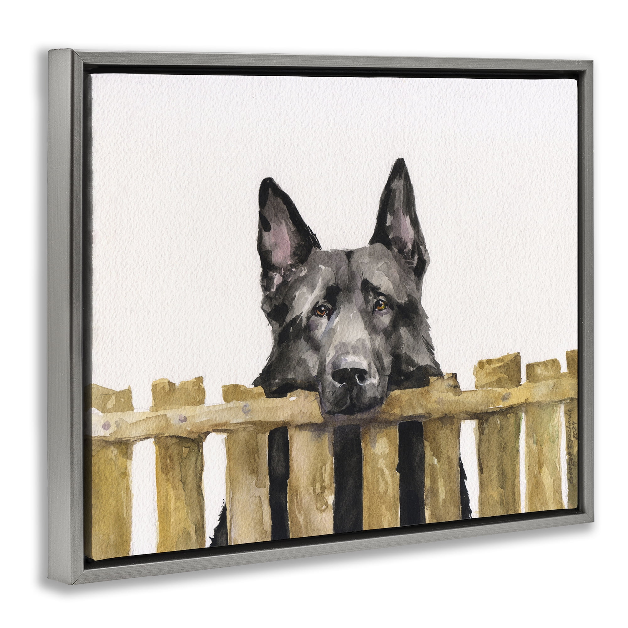 Stupell Industries Black German Shepherd Animals Painting Gray Floater Framed Canvas Art Print Wall Art, 31 x 25