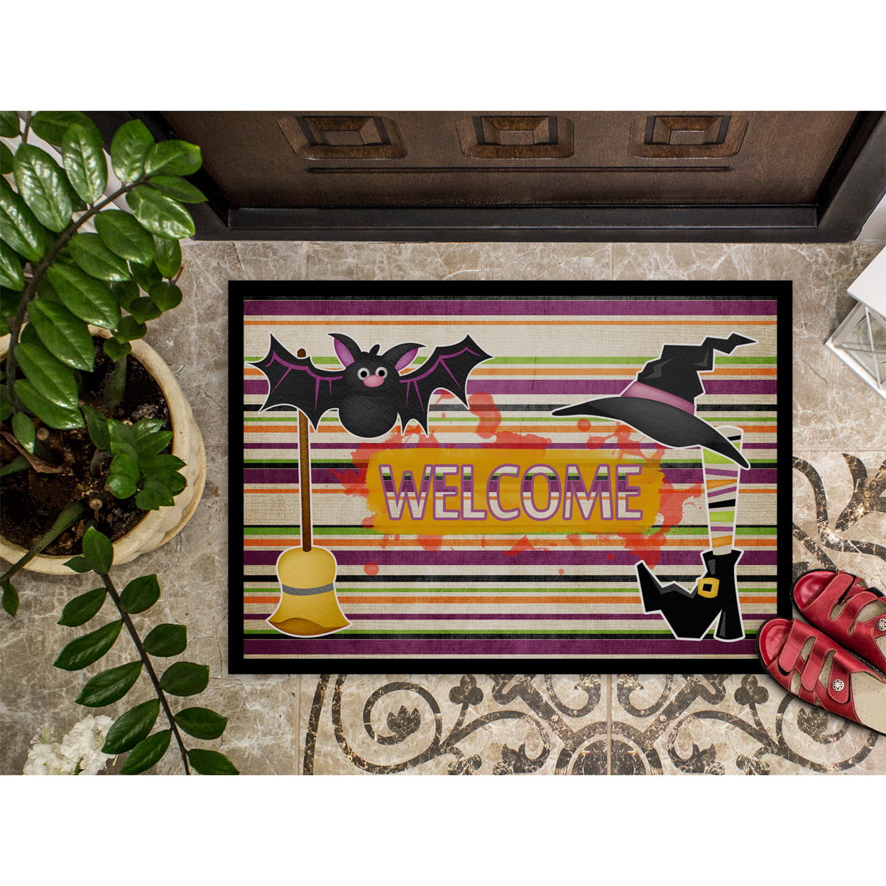 Witch Costume and Broom on Stripes Halloween 24x36 Doormat
