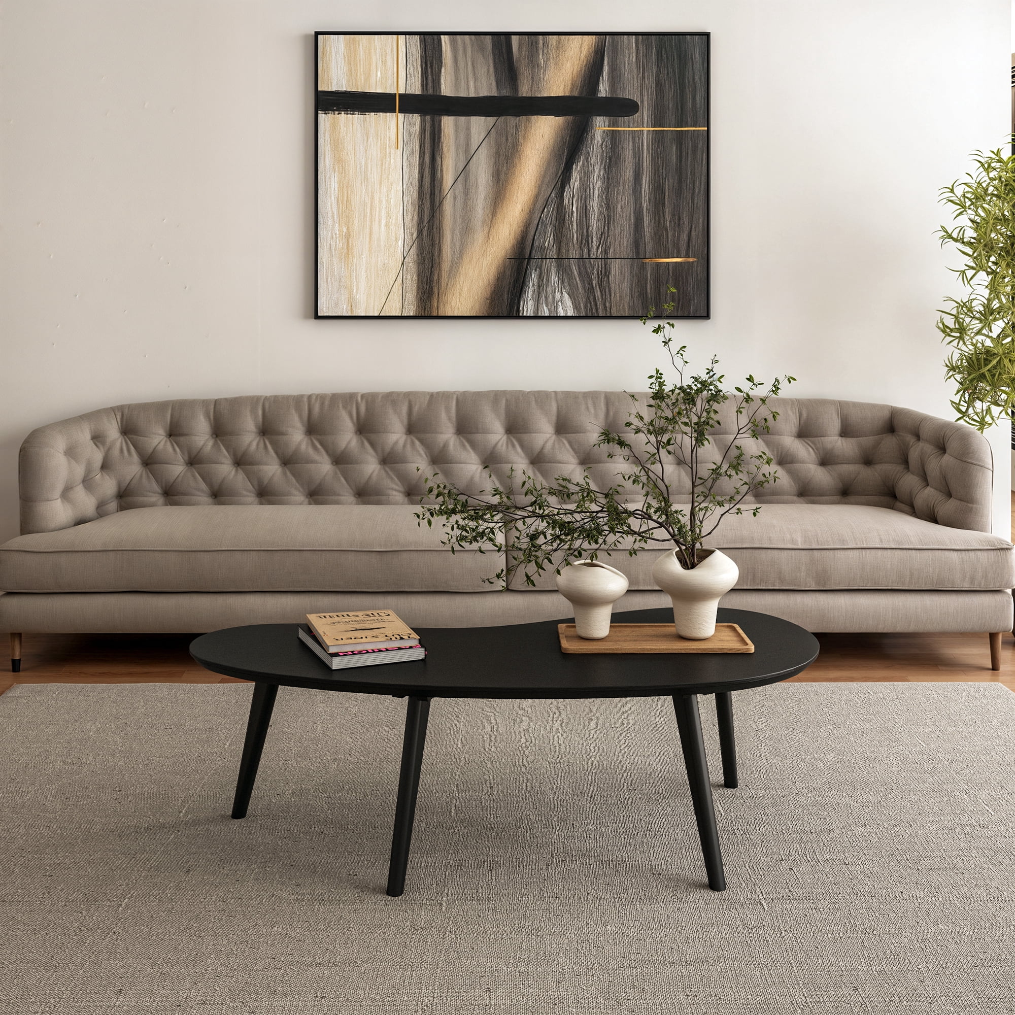 Camaflexi Mid Century Modern Coffee Table Small Tabletop Wood Coffee Desk, Black