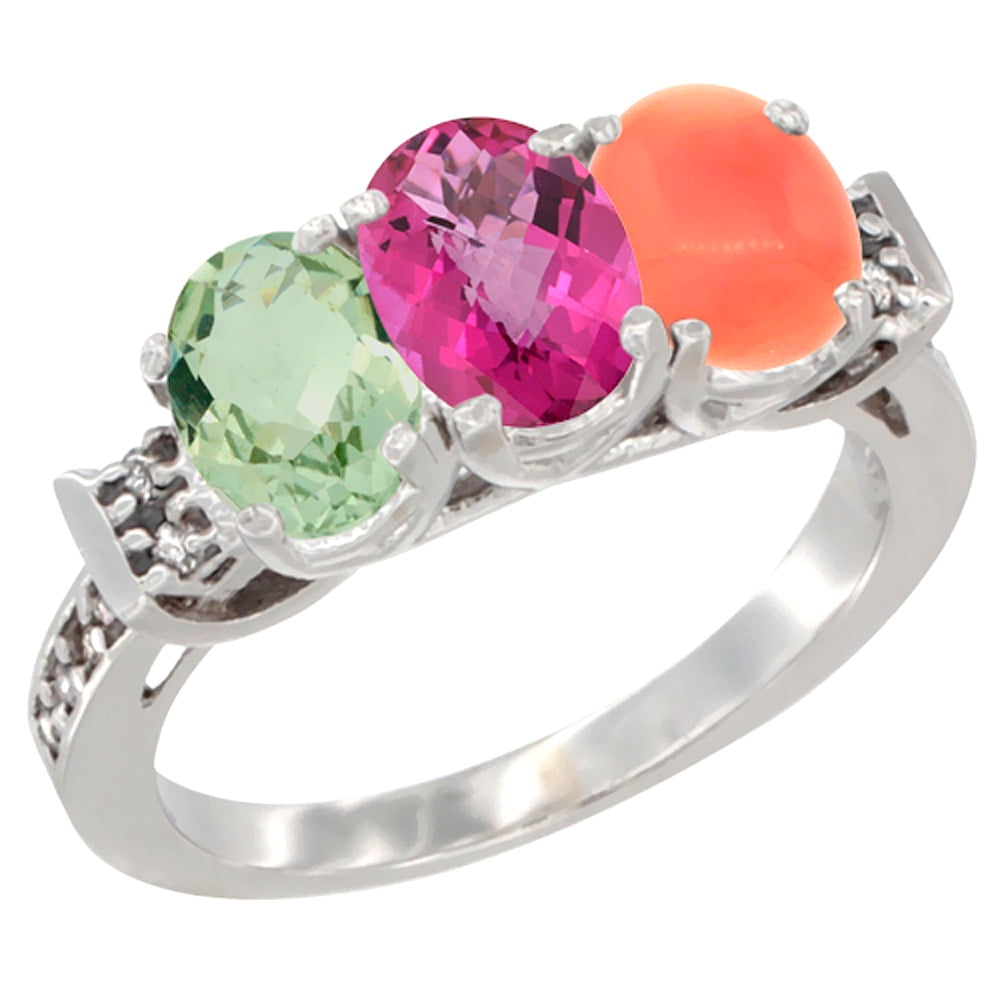14K White Gold Natural Green Amethyst, Pink Topaz & Coral Ring 3-Stone 7x5 mm Oval Diamond Accent, sizes 5 10 by WorldJewels