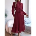thumbnail image 6 of Women'S Long Sleeve Pleated Dress Casual Semi Formal Mock Neck A Line Flowy Midi Dresses with Belt Wine Red XL, 6 of 9