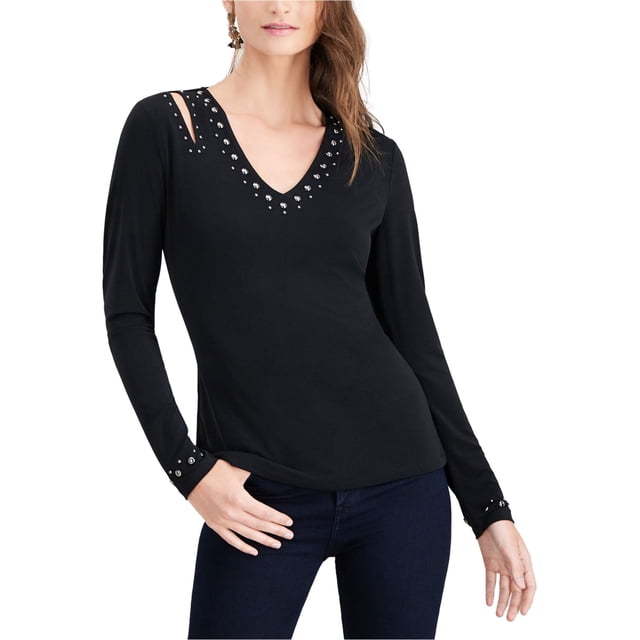 I.N.C Womens Studded Cut-Out Pullover Blouse, Black, X-Large