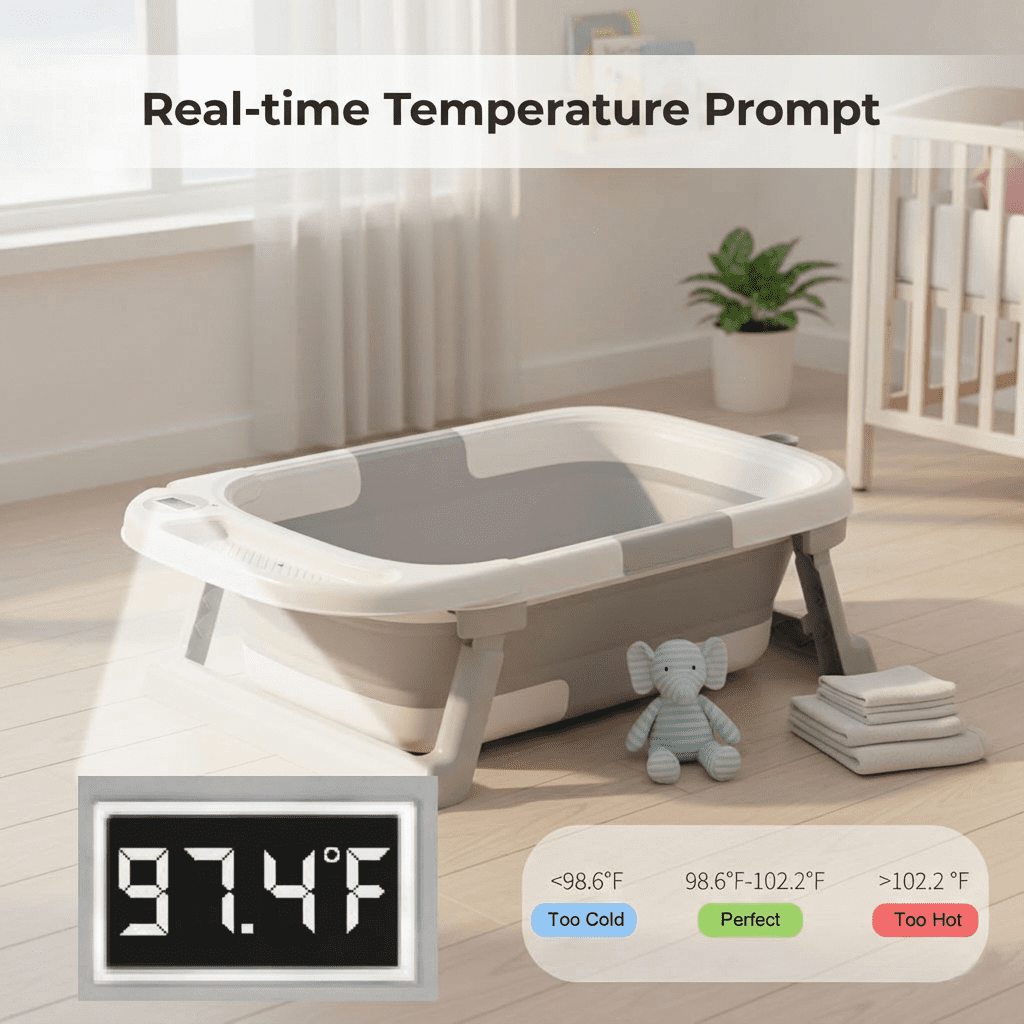 Oioane Collapsible Baby Bathtub with Thermometer & Soft Cushion, Portable Infant Bath Tub for Newborn to Toddler, Gray