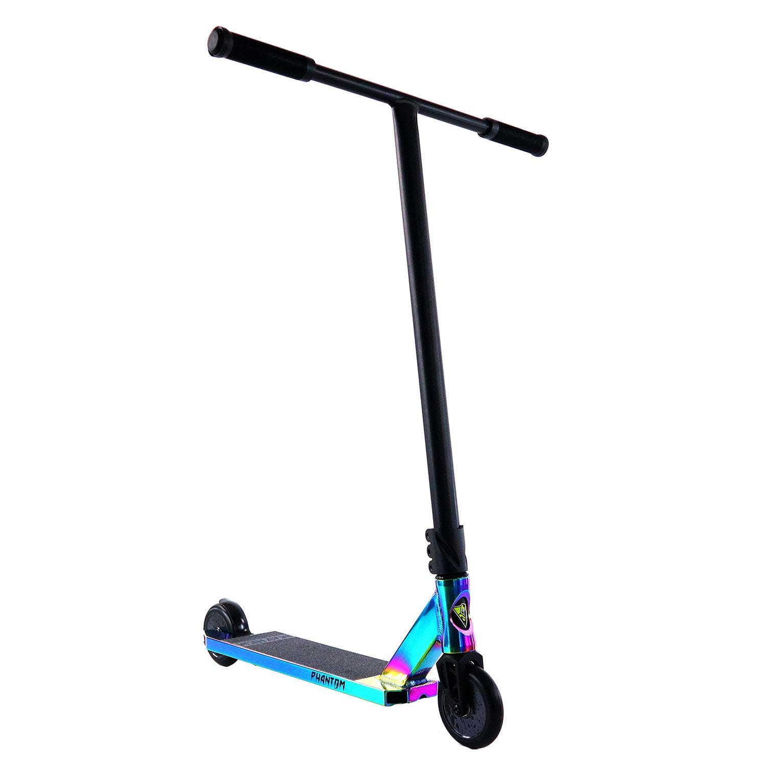 Ultimate Pro X Stunt Scooter Black and Neochrome Oil Slick Rainbow and Stand