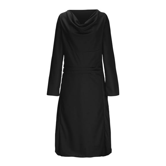 cfhntfmh Fall Dresses for Women Casual Long Sleeve Crewneck Pleated Tunic Dress Comfy Solid Color Knee Length Dress