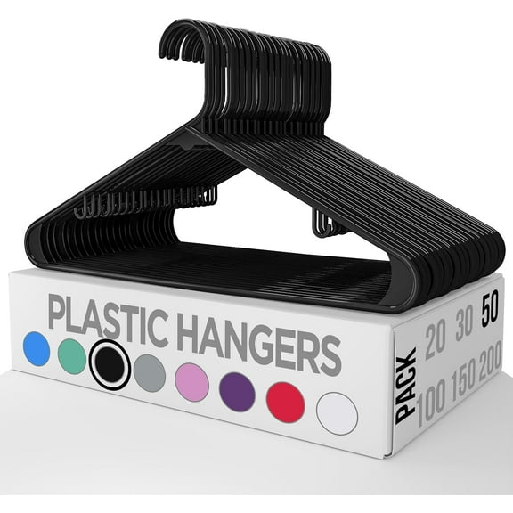 Plastic Hangers 50 Pack - Clothes Hanger with Hooks - Durable & Space Saving (Black)