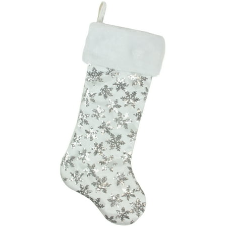 19" White and Silver Sequin Snowflake Christmas Stocking ...