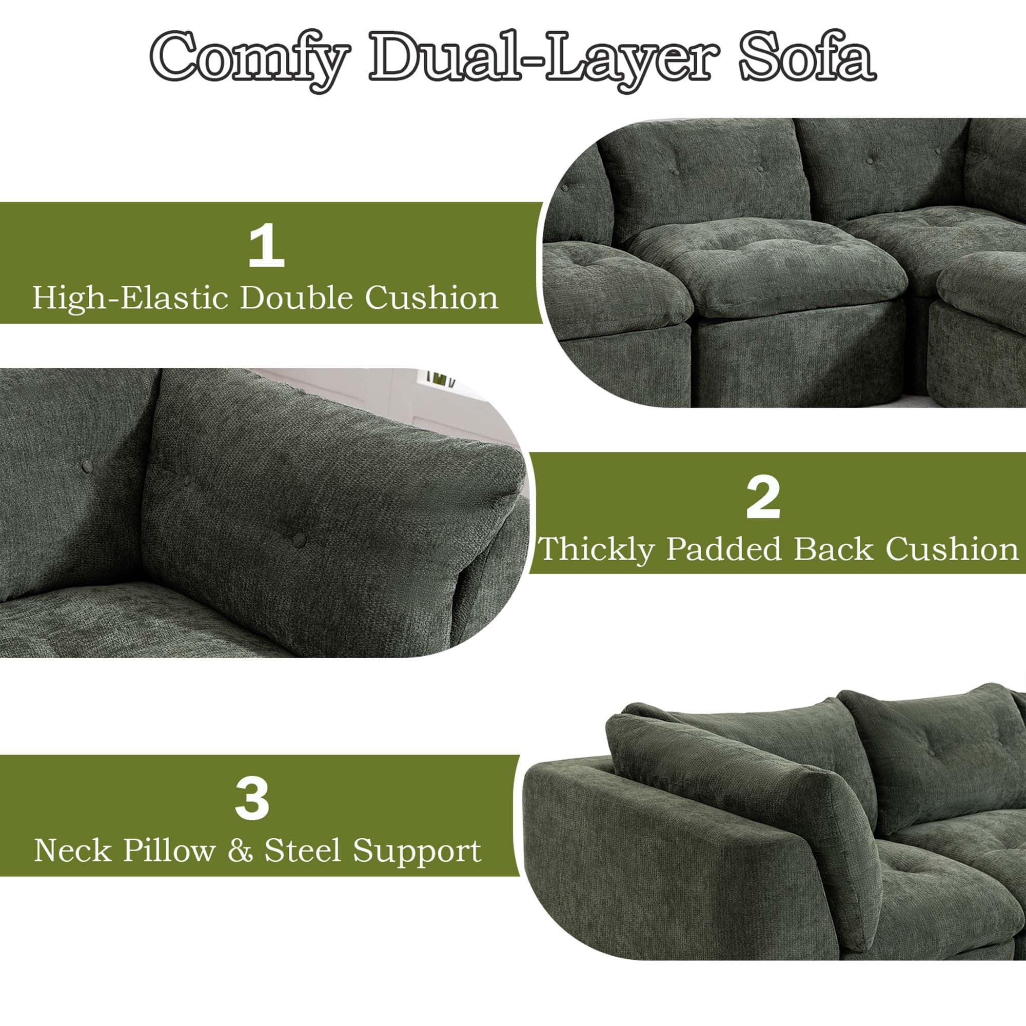 106.29" Sectional Sofa, 3 Seater Modular Sectional Floor Sofa with Ottoman, Chenille Cloud Couch for Living Room, Deep Seat Sofa, Green