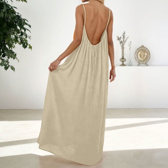 Letdown Women's Backless Cami Lounge Dress - Solid Color Sleeveless Sundress with Adjustable Back Tie | Casual Housewear & Beachwear (Beige,L)
