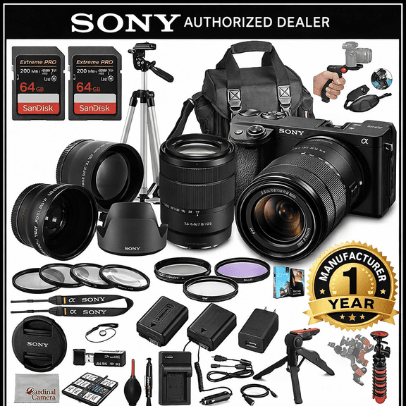 Sony a6400 Mirrorless Camera with 18-135mm Lens, 128GB Extreem Speed Memory,.43 Wide Angle & 2X Lenses, Case,Tripod, Filters, Hood, Grip,Spare Battery & Charger,Editing Software Kit -Deluxe Bundle