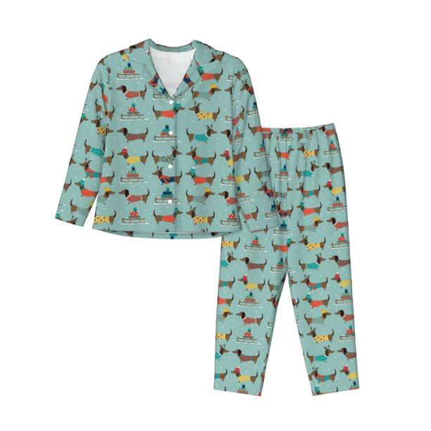 Fotbe Dachshund Dog Puppy Conjunto de Pijama de Manga Larga para Mujer con Estampado, Ropa de Dormir de 2 Piezas, Conjunto de Casa Suave y Cómodo con Bolsillos-XX-Large