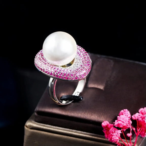 Resizable Sparkly Pink Red CZ Bright Big Oval Pearl Weddding Band Finger Ring