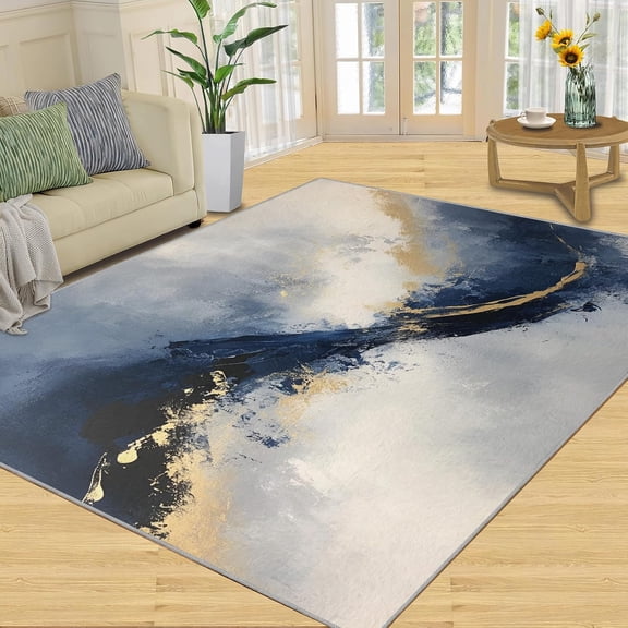 Abstract Area Rug for Living Room, Nordic Art Rug, Blue Gold Washable Rugs for Bedroom, Non Slip Low Pile, Indoor Carpet Home Decor-4' x 5'