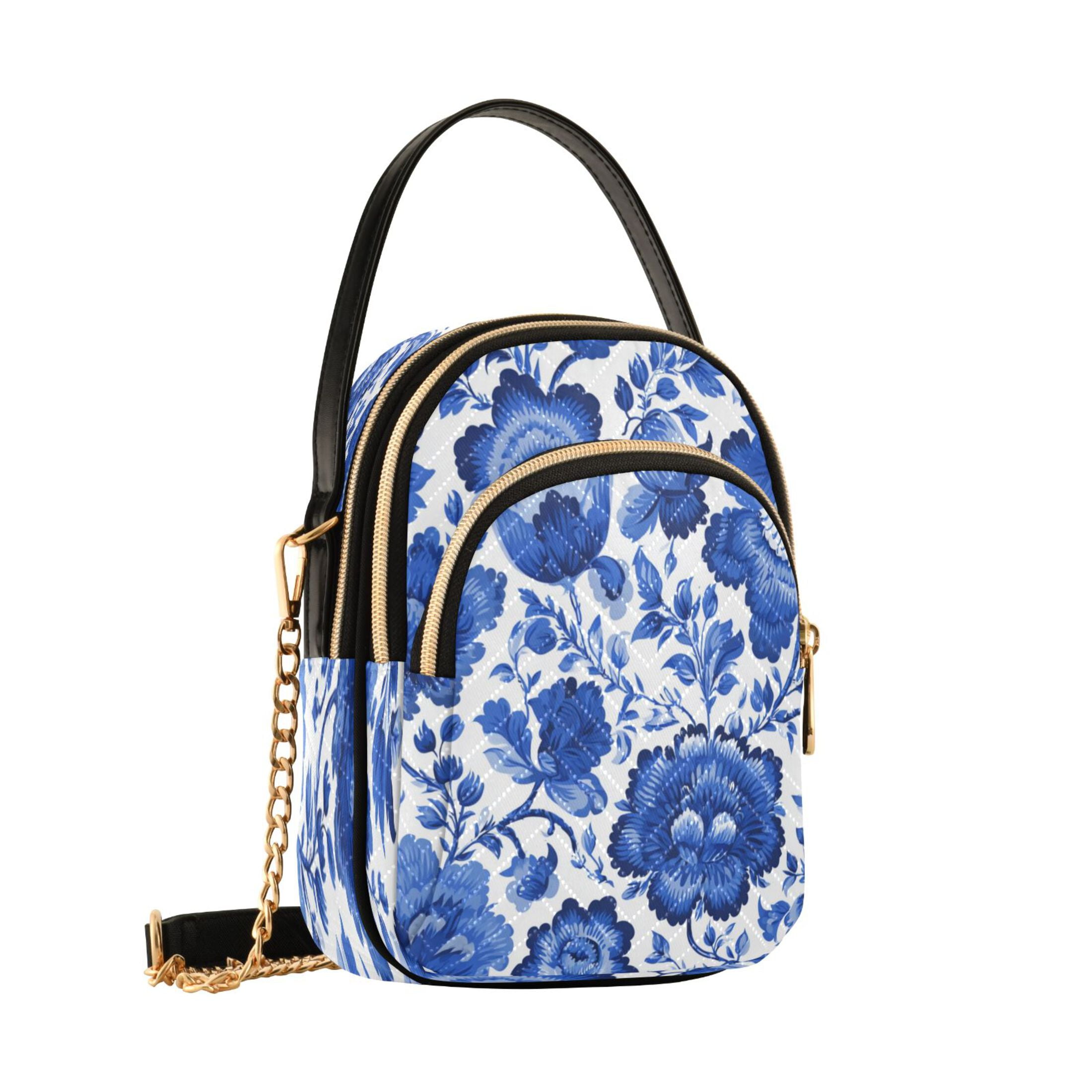 Quilted Women's Crossbody Bag Purses and Handbags with Detachable Leather Strap Blue Floral Pattern