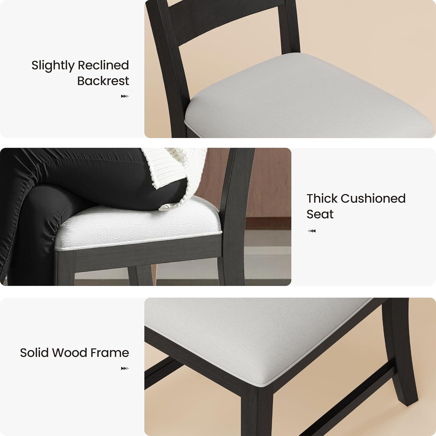 COLAMY SERA Solid Wood Dining Chair Set of 4 with Fabric Upholstered Cushion, Ladder Back Farmhouse Kitchen Chair, Modern Two-Tone Chair for Home and Restaurant, Black