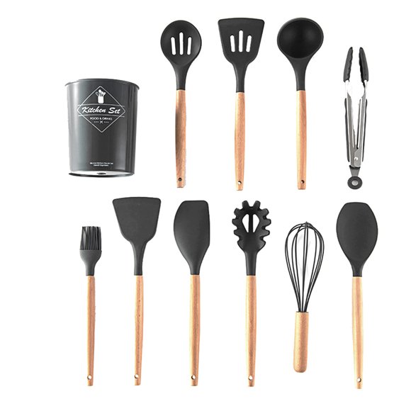 11 PCS Kitchen Utensils Set with Storage Bucket Wood Handle Silicone Cooking Wares Heat Resistant