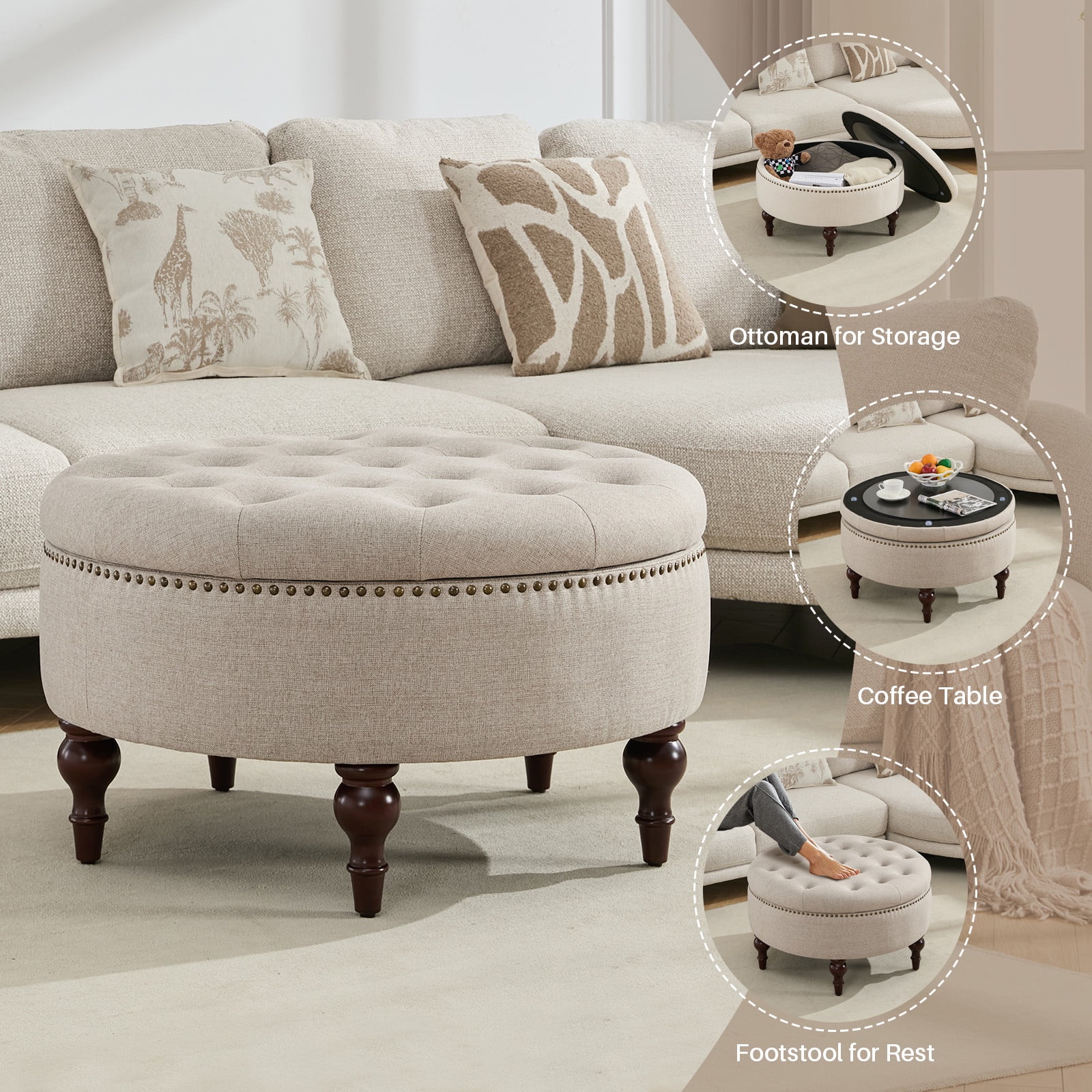JURANYAZHU 31.5 Inch Oversized Storage Ottoman, Upholstered Storage Seat, with Reversible Lid, Multifunctional As a Coffee Table, Linen Fabric, for Living room,Bedroom,Light Brown