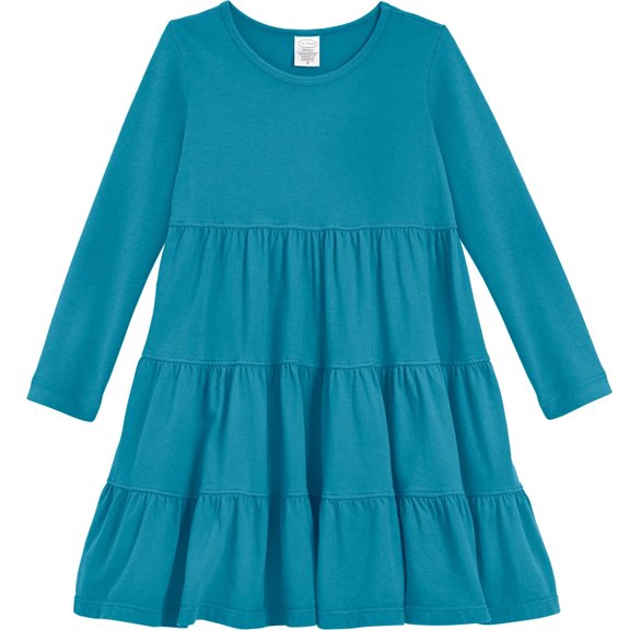 Girls Soft Cotton Jersey Long Sleeve Tiered Dress | Teal