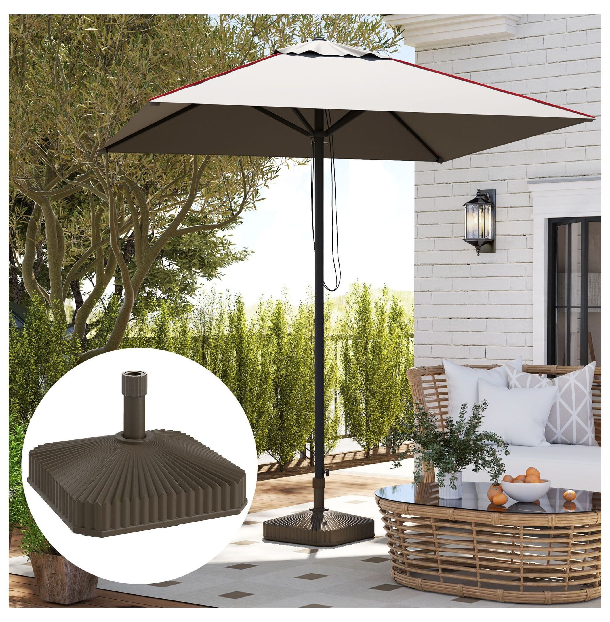 Patio Umbrella Base, Heavy Duty Outdoor Stand - 42lbs Sand/33lbs Water Fill - Garden, Pool, Deck - Brown
