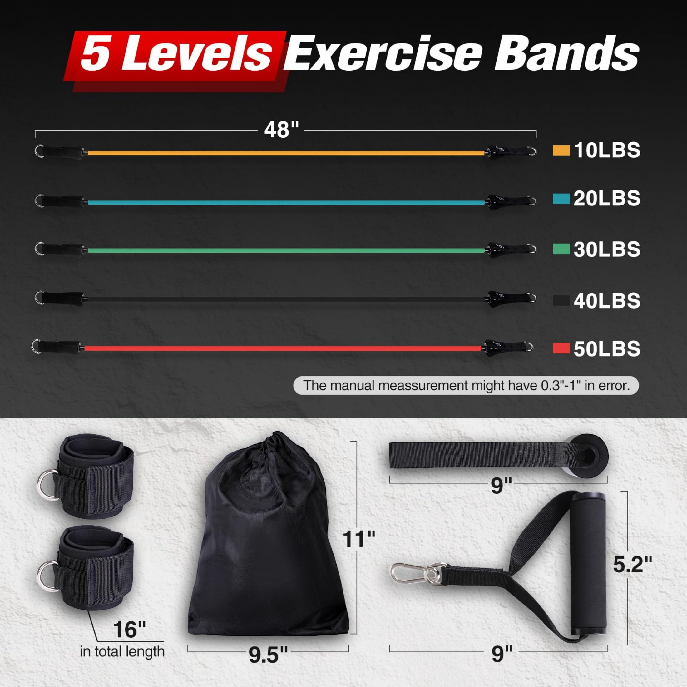 REDCAMP Resistance Bands Set – 5-Level 150LBS Exercise Bands with Handles and Door Anchor – Latex Workout Bands for Full-Body Training, Physical Therapy, and Weight Loss