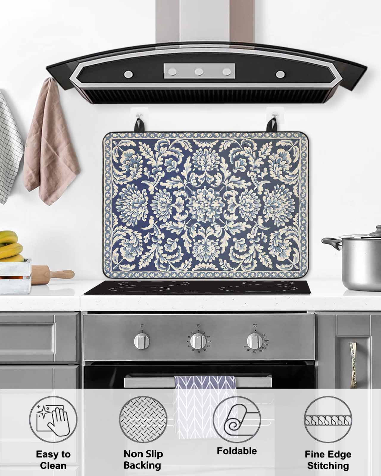 nqOlkjepod Large Induction Cooktop Protector Mat 24"x21", Blue Boho Flower Stove Top Covers for Electric Stove, Country Vintage Tribal Ethnic Motifs Stove Burner Cover Mats, Glass Top Stove Cover