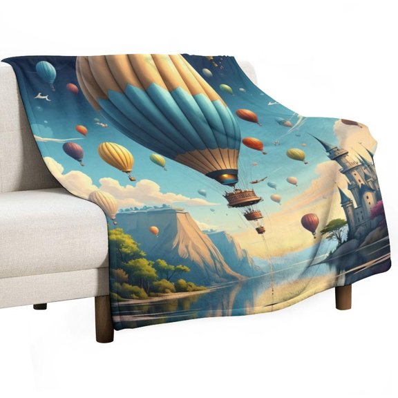 Colorful Hot Air Balloons Over Castle Blanket Soft Cozy Flannel Blanket for man women