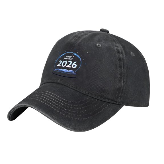Adjustable Vintage Cotton Washed Distressed Baseball Cap - Stylish ' Happy New Year 2026 ' Graphic with Mountain Wave Design for Men & Women