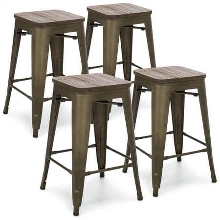 Best Choice Products 24in Set of 4 Stackable Industrial Distressed Metal Counter Height Bar Stools w/ Wood Seat -