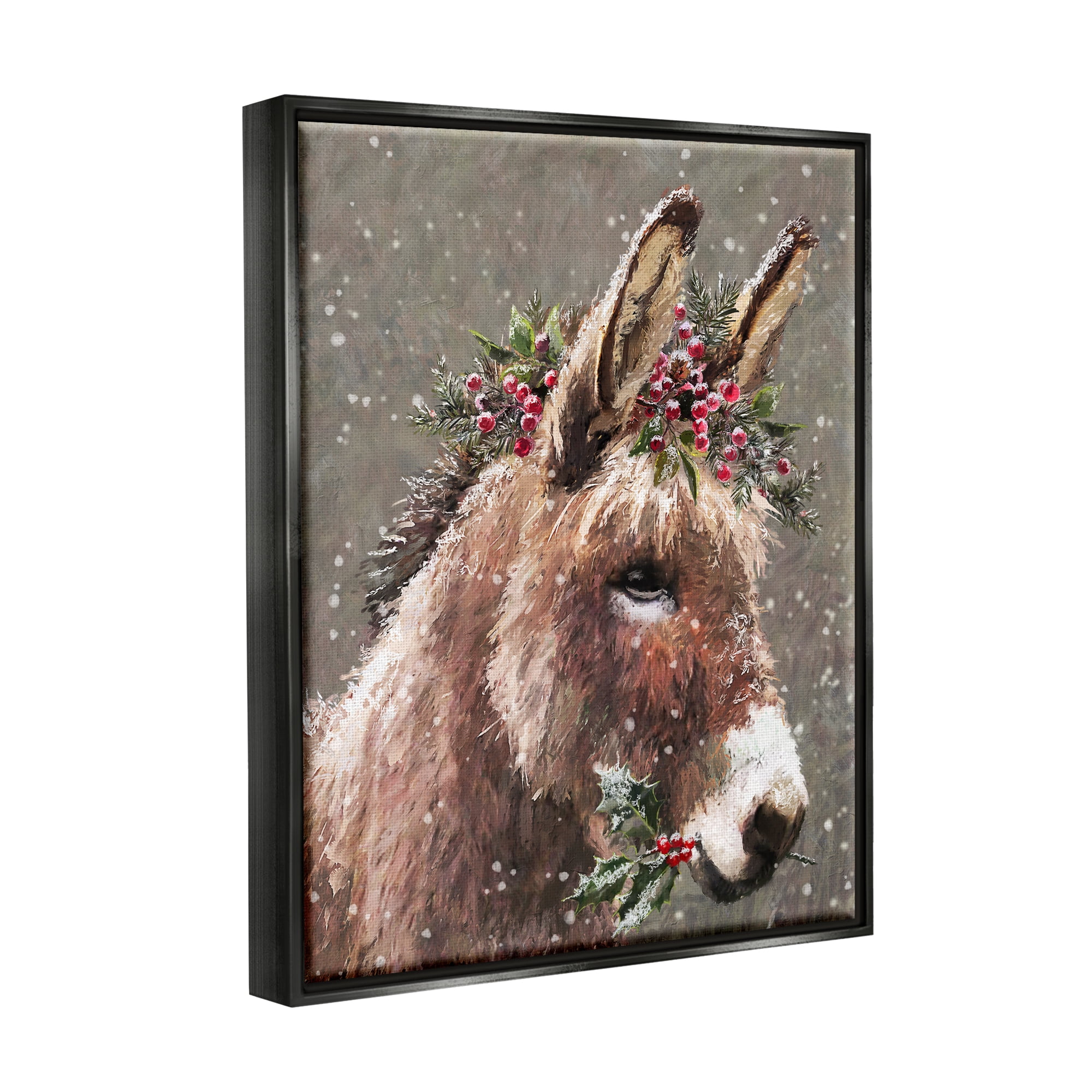 Stupell Industries Winter Donkey Snow Falling Holiday Painting Black Floater Framed Art Print Wall Art