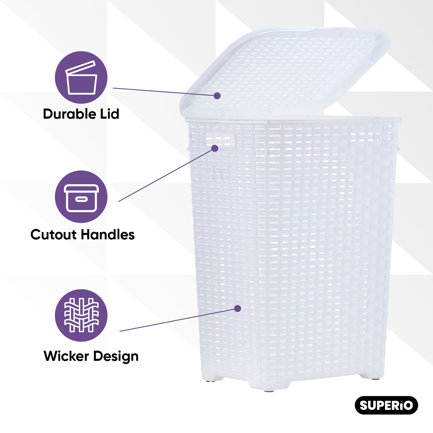Laundry Basket, Laundry Hamper with Lid, Large 60-liter Wicker Style Hamper with Cutout Handle, to Storage Dirty Clothes in Washroom, Bathroom, Bedroom, or Dorm Room, White Color. By Superio