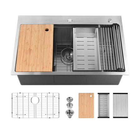 Cobbe Gray 33 inches Multifunctional Drop-in Workstation Kitchen Sink, Stainless Steel Modern Single Bowl Kitchen Sink with Accessories