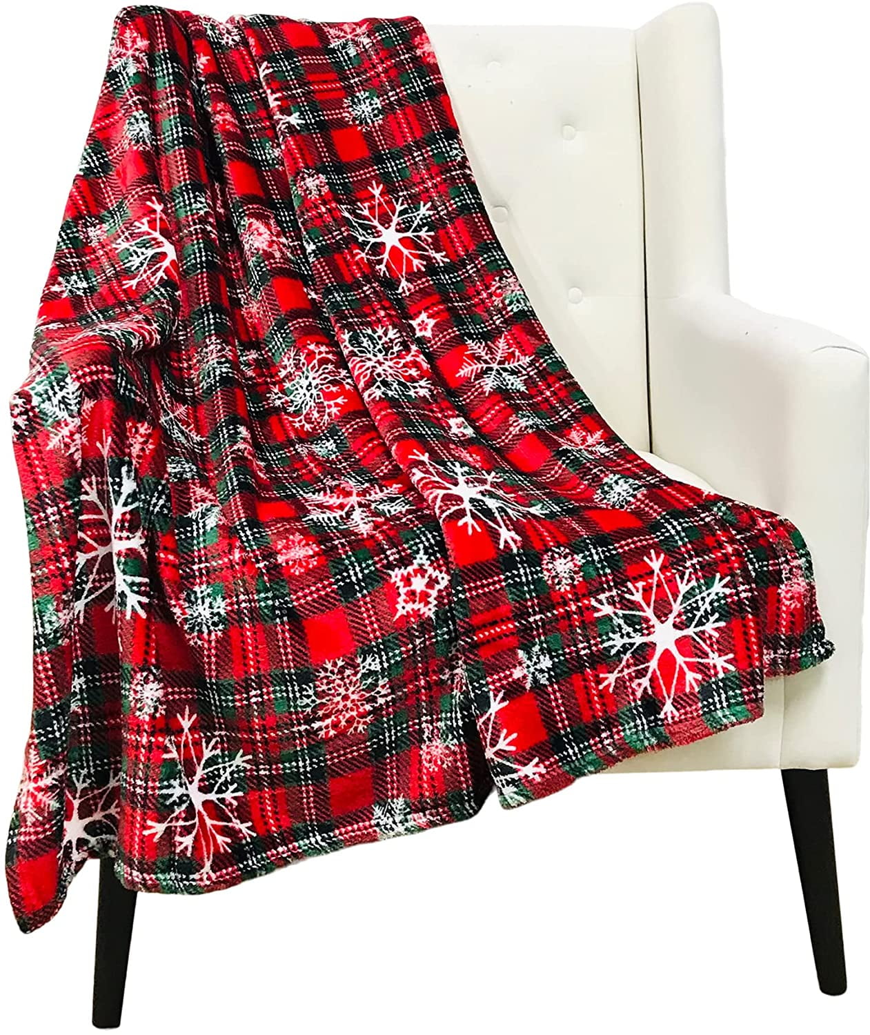 Christmas Holiday Plaid Throw Blanket with Snowflakes: Soft Cozy Accent for Sofa Couch Chair Bed or Dorm, Red Green White (Snowflake Plaid)