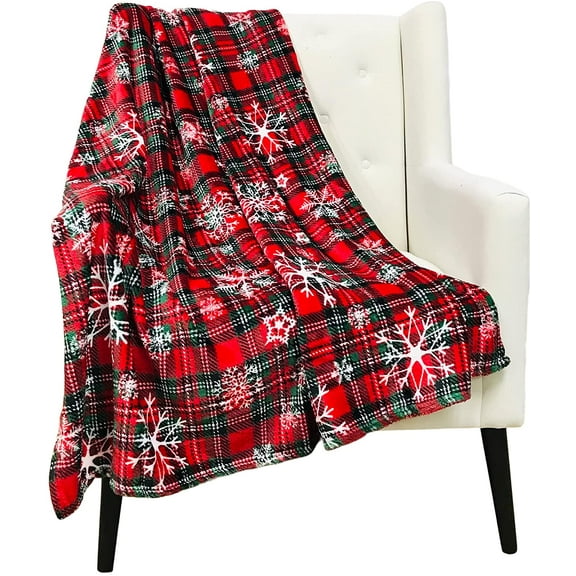 Serafina Home Decor Christmas Holiday Plaid Throw Blanket with Snowflakes: Soft Cozy Accent for Sofa Couch Chair Bed or Dorm, Red Green White (Snowflake Plaid)