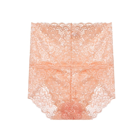 Womens High Waisted Lace Panties Beige Breathable No Show Seamless Lingerie Nylon Spandex Floral Lace Briefs,Size M