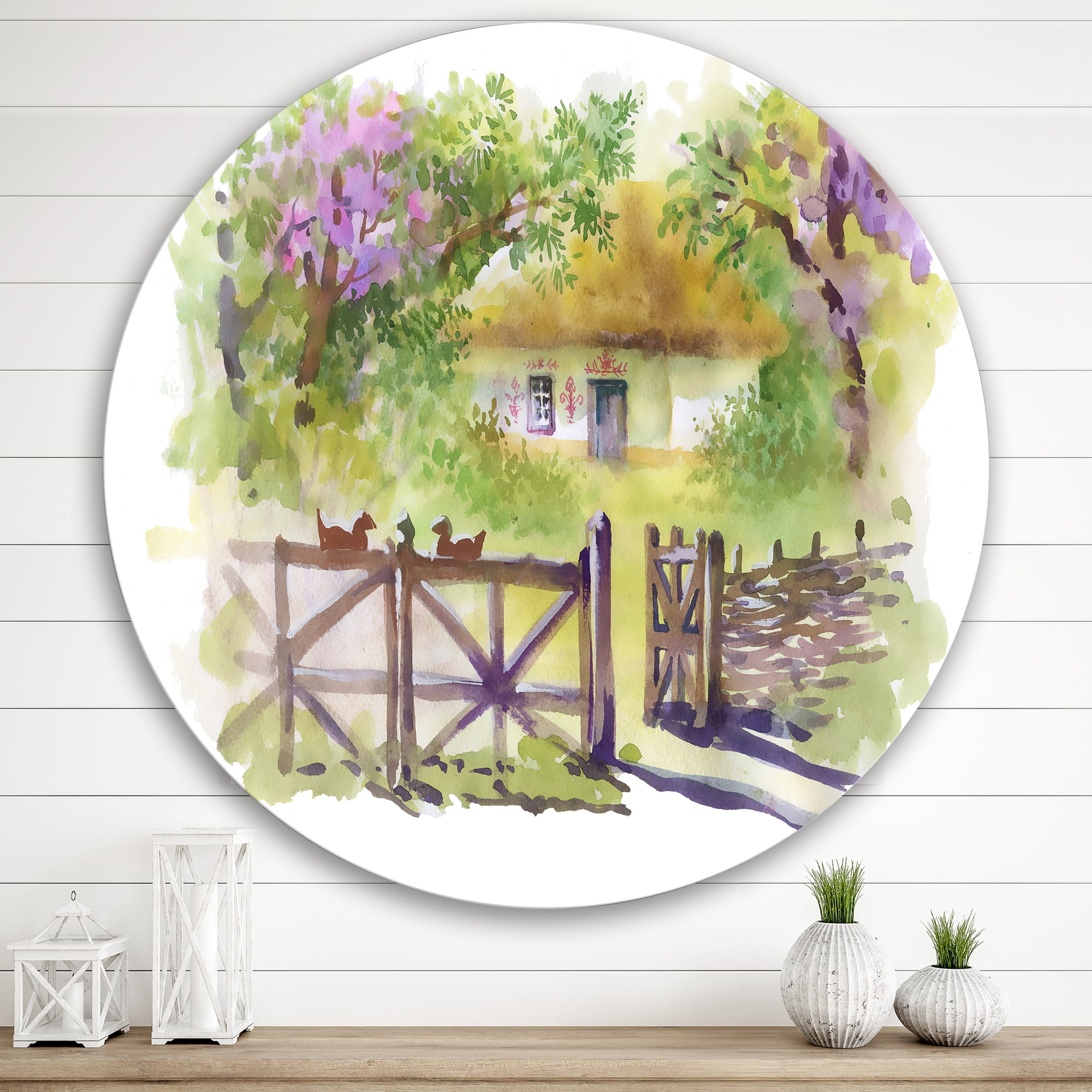 Designart 'Impression of Rustic Cottage In The Woods' Traditional Circle Metal Wall Art 36x36 - Disc of 36