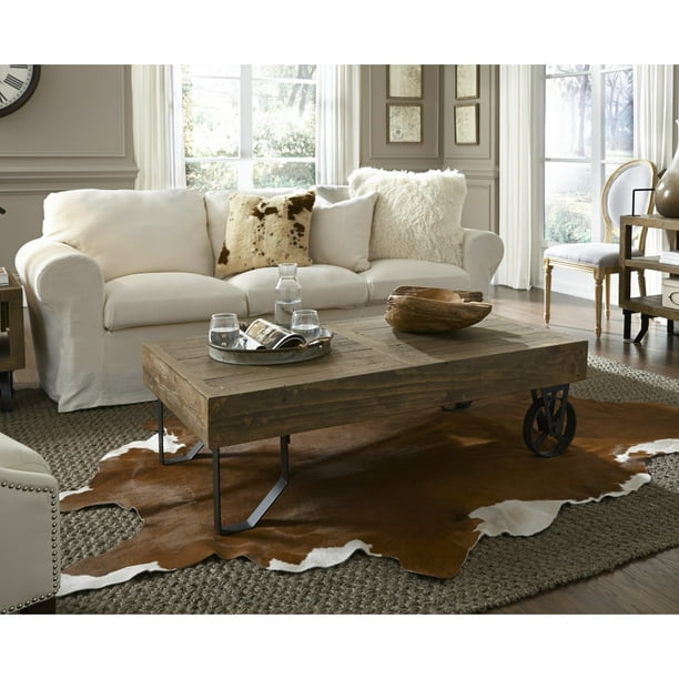 Rectangular Thick Wood Top Coffee Table With Sand Cast Metal Base Brown Com Rectangular Thick Wood Top Coffee Table, Thick Wood Top Coffee Table