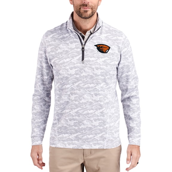 Men's-Cutter & Buck  Gray Oregon State Beavers Traverse Stretch Eco Camo DryTec Tri-Blend Quarter-Zip Pullover