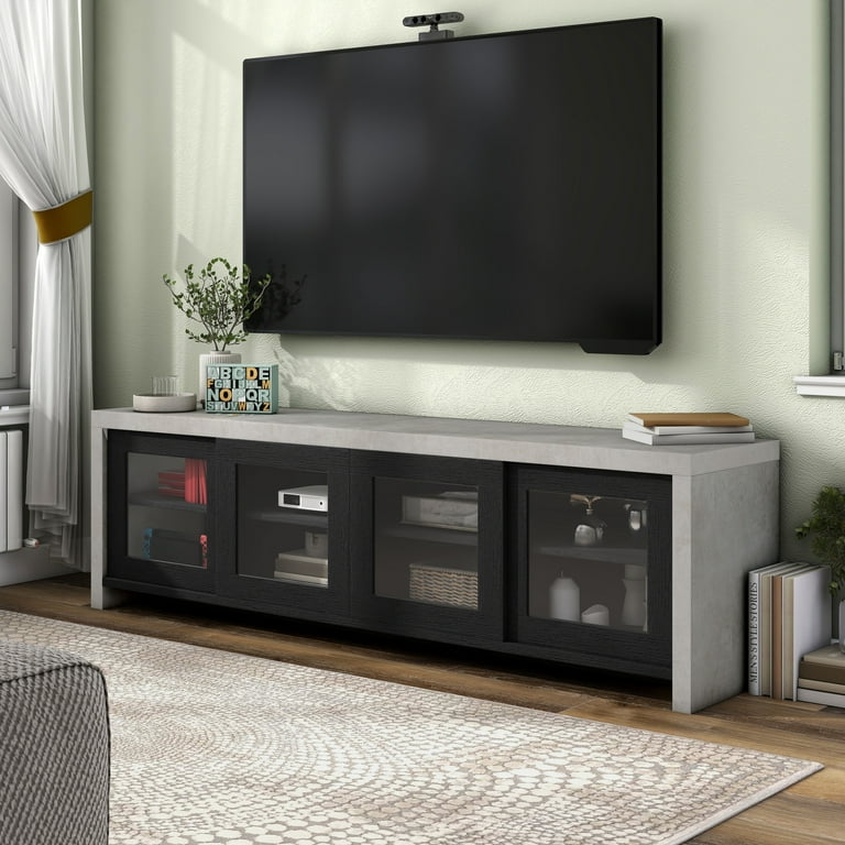 Furniture of America Haylin Contemporary 71 inch Glass Multi functional Storage TV Console by Walnut Distressed Walnut Finish
