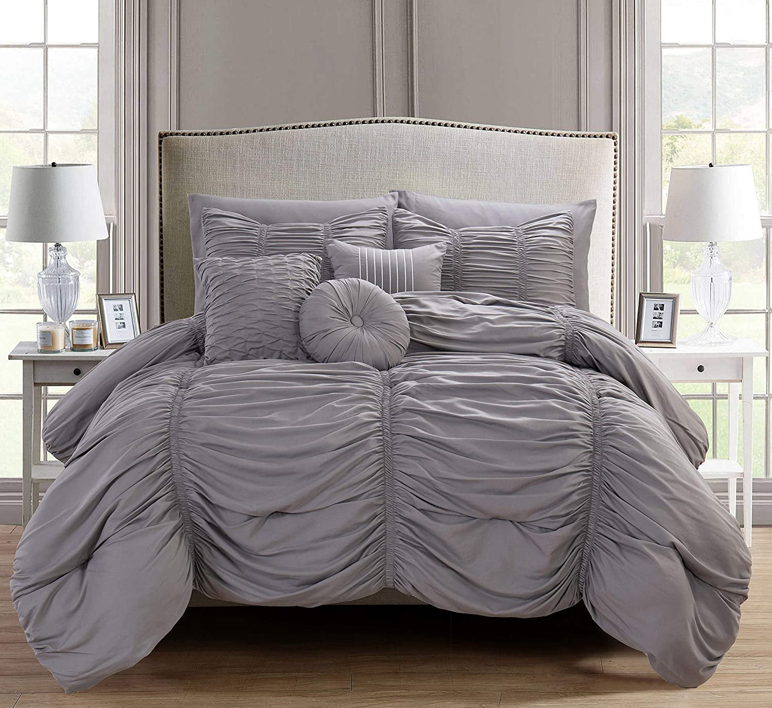 Elegant Comfort Solid Print Microfiber Woven Washable Comforter Sets, King, Gray, 10-Pieces