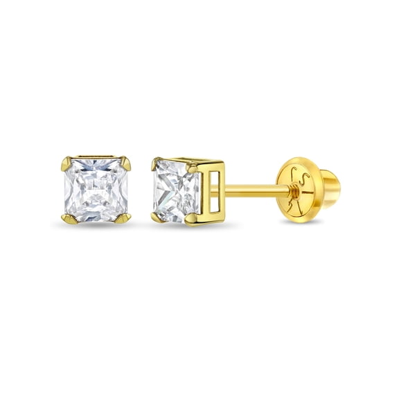 14k Gold Square Prong Set Kids / Children's / Girls Earrings Safety Screw Back