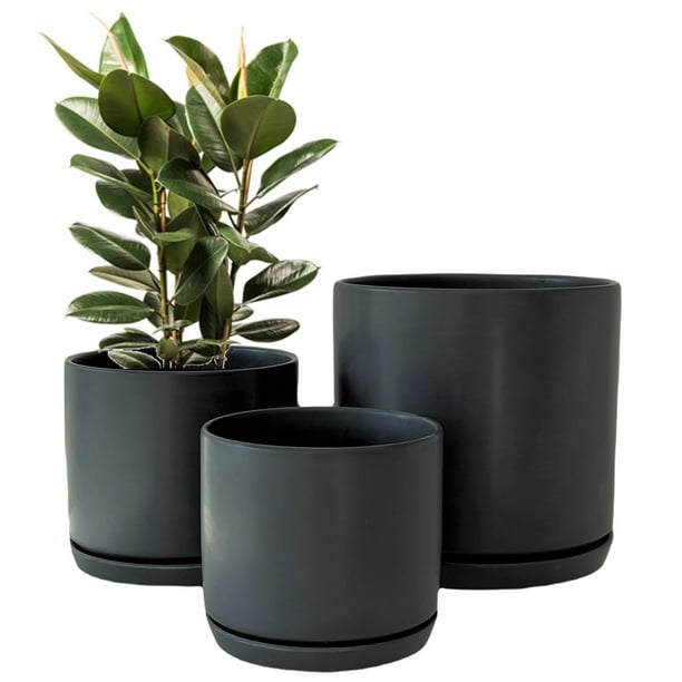 Matt Black Plant Pots Garden Planters Set 3 Indoor Outdoor Ceramic