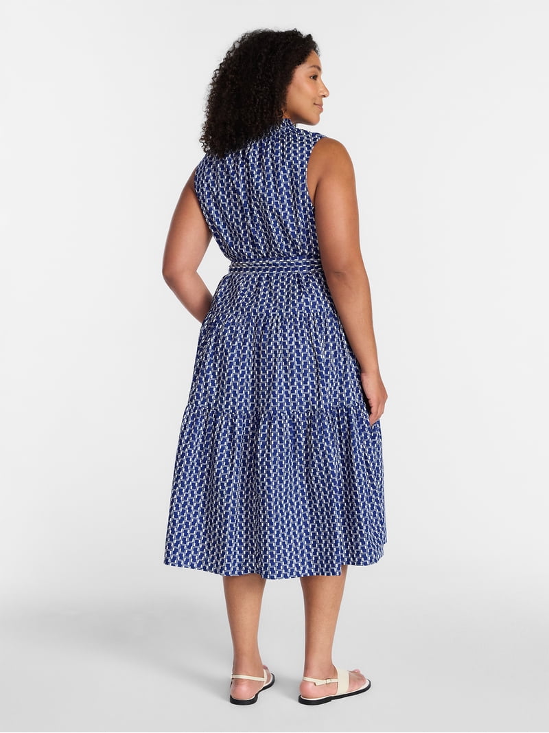 plus size sleeveless shirt dress Asym Sleeveless Midi Shirt Dress, Soft Chambray Stripe White