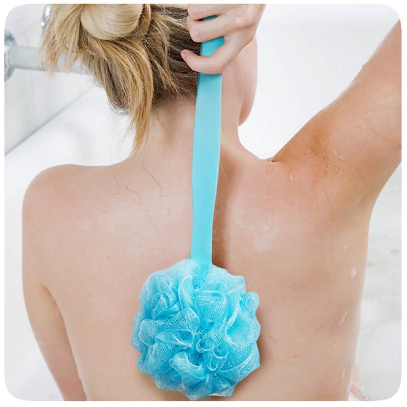 Bath Sponge & Brush Long Handled Loofah Back Scrubber Shower & Bath Exfoliating Pouf Scrubber on a Stick Body Back Brush with a Plastic Handle Loofah Mesh for Men & Women-Blue