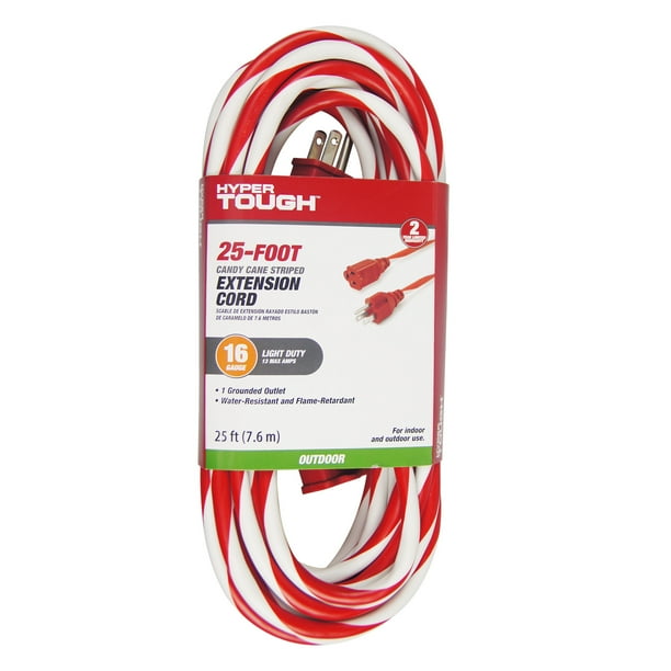 Hyper Tough 1Outlet 25FT Candy Cane Extension Cord, Red/White