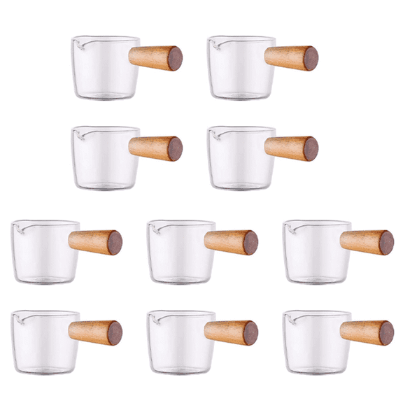 10PCS Transparent Glass Creamer with Wooden Handle, Mini Coffee Milk Pitcher. 50Ml