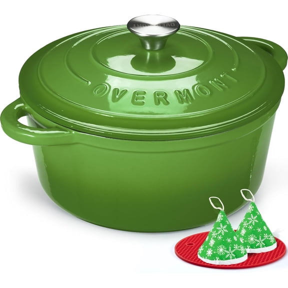Overmont Enameled Cast Iron Dutch Oven - 5.5QT Pot with Lid, Cookbook & Potholders, for Braising & Roasting - Green