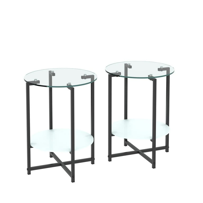 GZXS Glass End Tables Living Room Table Set of 2 Modern Sofa Side Table with Storage Black Metal Leg Small Round Corner Table for Living Room Furniture Set Transparent Walmart